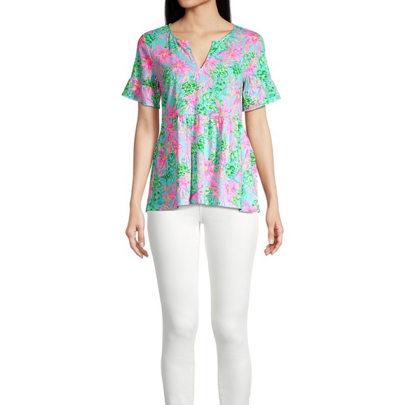 Lilly Pulitzer Jodee Ruffle Sleeve Swing Floral Top - Surf Blue So Shellegant - Picture 12 of 15